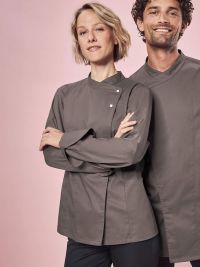 Moderne Kochjacke Damen Braun mit tailliertem Schnitt, Lüftungslöchern und Jerseyrücken